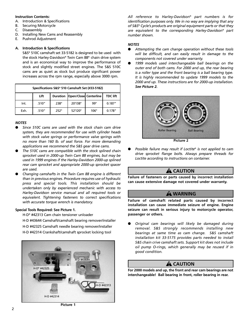 Caution warning caution | S&S Cycle Chain Drive Camshaft Set for Harley-Davidson Twin Cam 88 Engines User Manual | Page 2 / 8