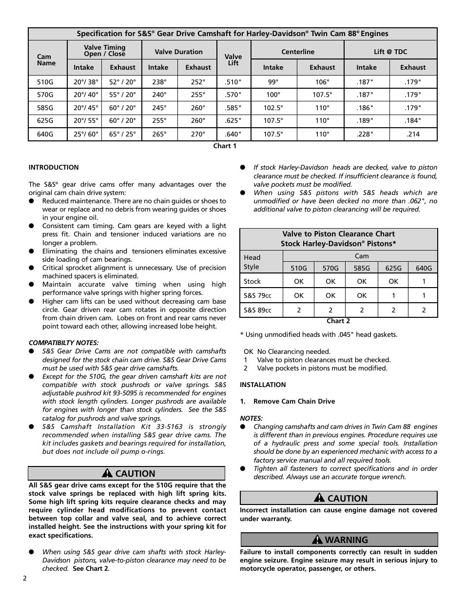 Caution, Caution warning | S&S Cycle Gear Drive Cams for Harley-Davidson Twin Cam 88 Engines User Manual | Page 2 / 8