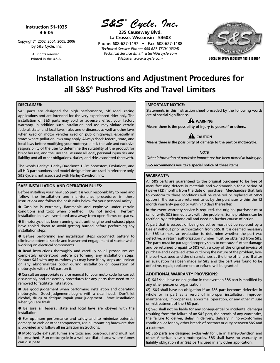 S&S Cycle Pushrod Kits and Travel Limiters (all) User Manual | 8 pages