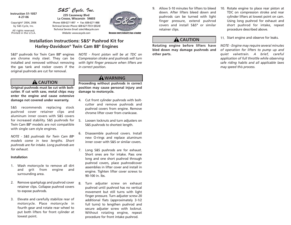 S&S Cycle Pushrod Kit for Harley-Davidson Twin Cam 88 Engines User Manual | 1 page