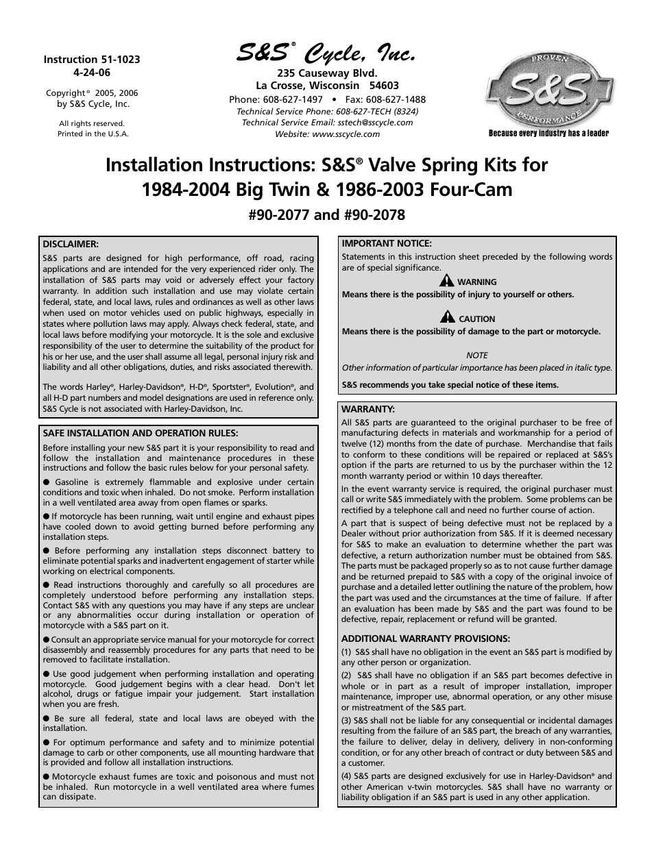 S&S Cycle Valve Spring Kits for 1984-2004 Big Twin & 1986-2003 Four-Cam (90-2077 and 90-2078) User Manual | 4 pages