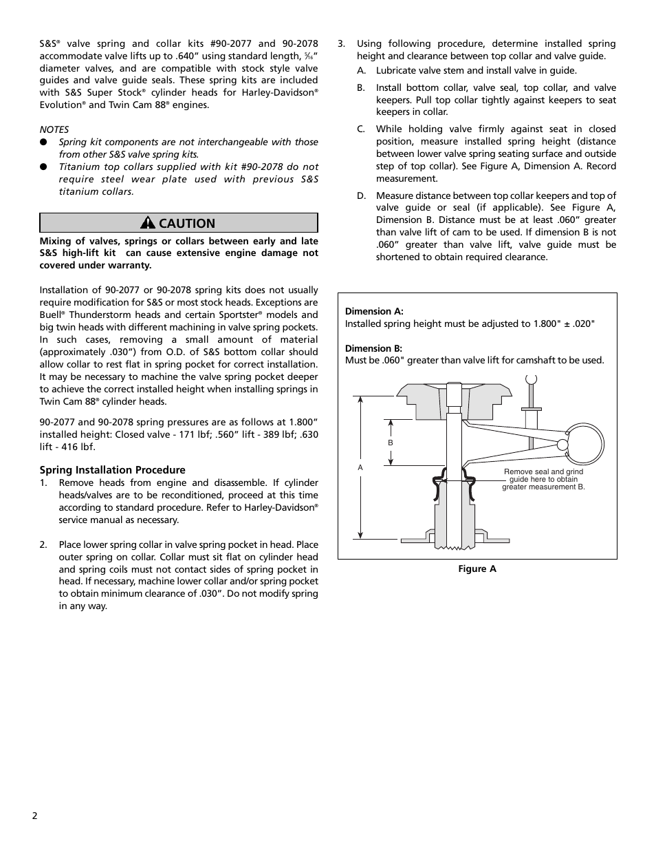 Caution | S&S Cycle Valve Spring Kits for 1984-2004 Big Twin & 1986-2003 Four-Cam (90-2077 and 90-2078) User Manual | Page 2 / 4