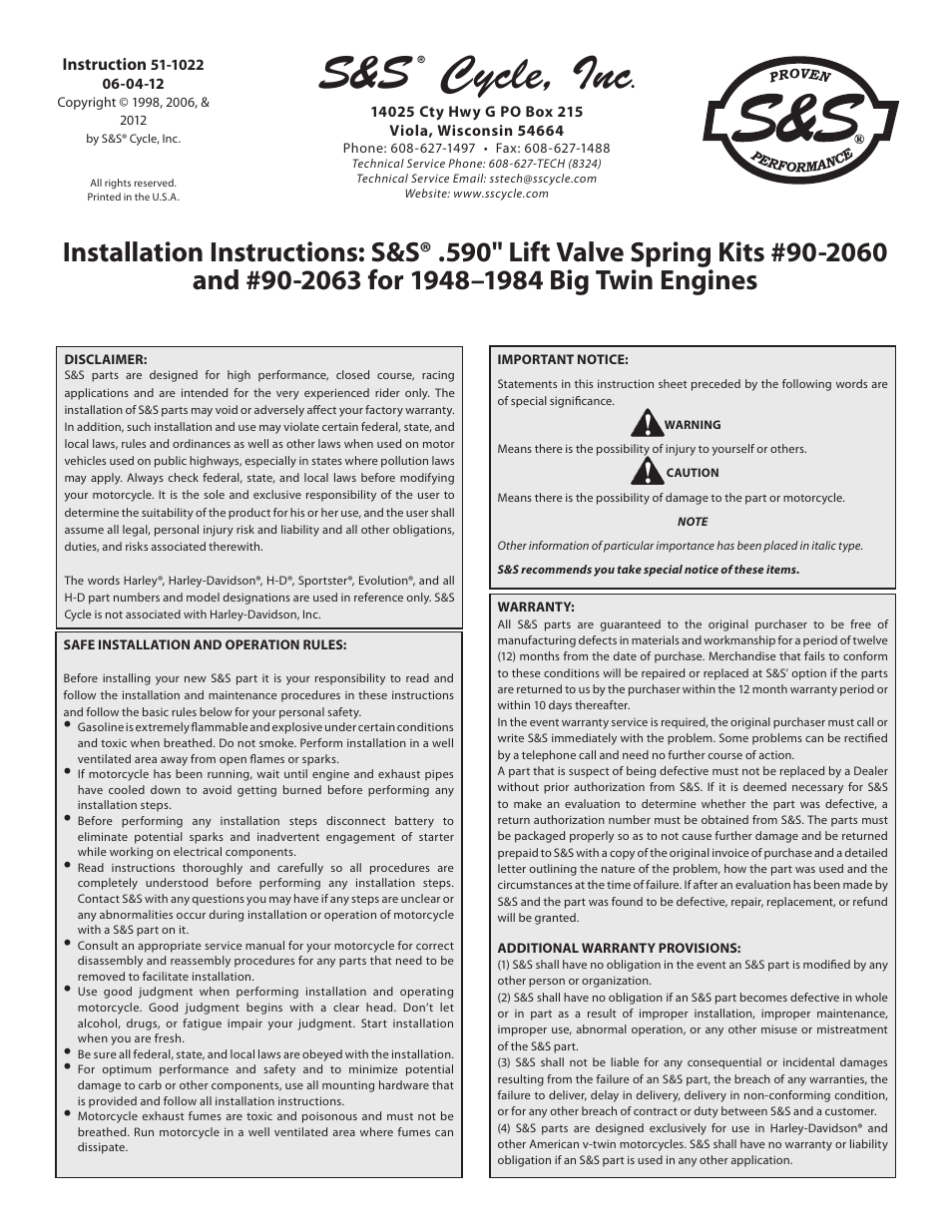S&S Cycle 590 Lift Valve Spring Kits 90-2060 and 90-2063 for 1948–1984 Big Twin Engines User Manual | 4 pages
