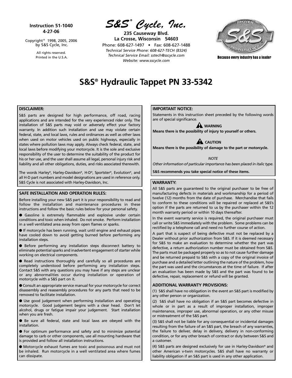S&S Cycle Hydraulic Tappet PN 33-5342 User Manual | 2 pages