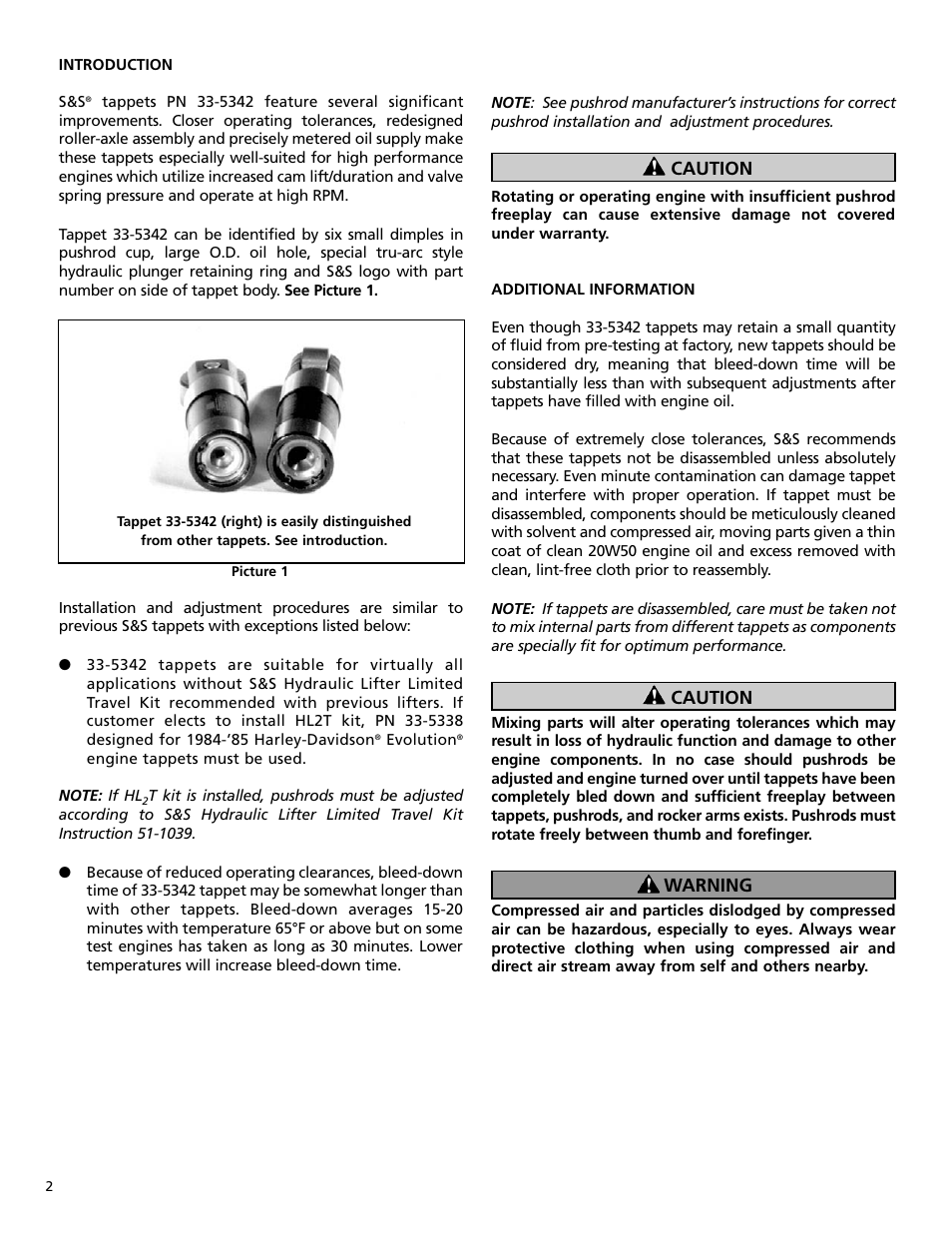 Caution, Caution warning | S&S Cycle Hydraulic Tappet PN 33-5342 User Manual | Page 2 / 2