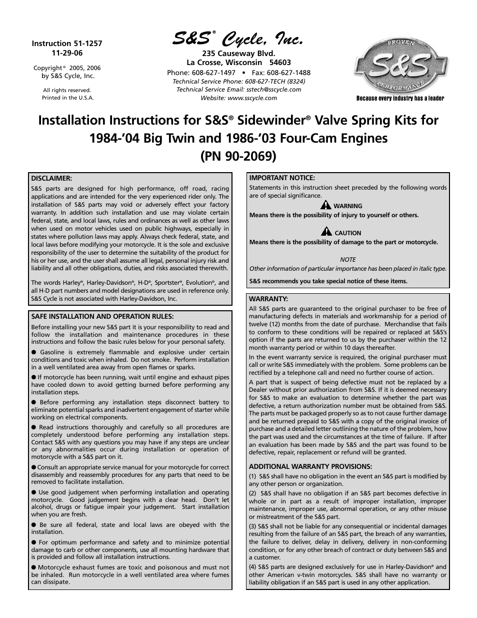 S&S Cycle Sidewinder Valve Spring Kits for 1984-04 Big Twin and 1986-03 Four-Cam Engines (PN 90-2069) User Manual | 4 pages