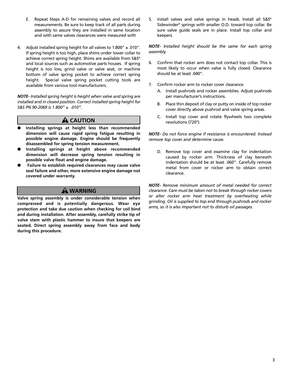 Caution warning | S&S Cycle Sidewinder Valve Spring Kits for 1984-04 Big Twin and 1986-03 Four-Cam Engines (PN 90-2069) User Manual | Page 3 / 4