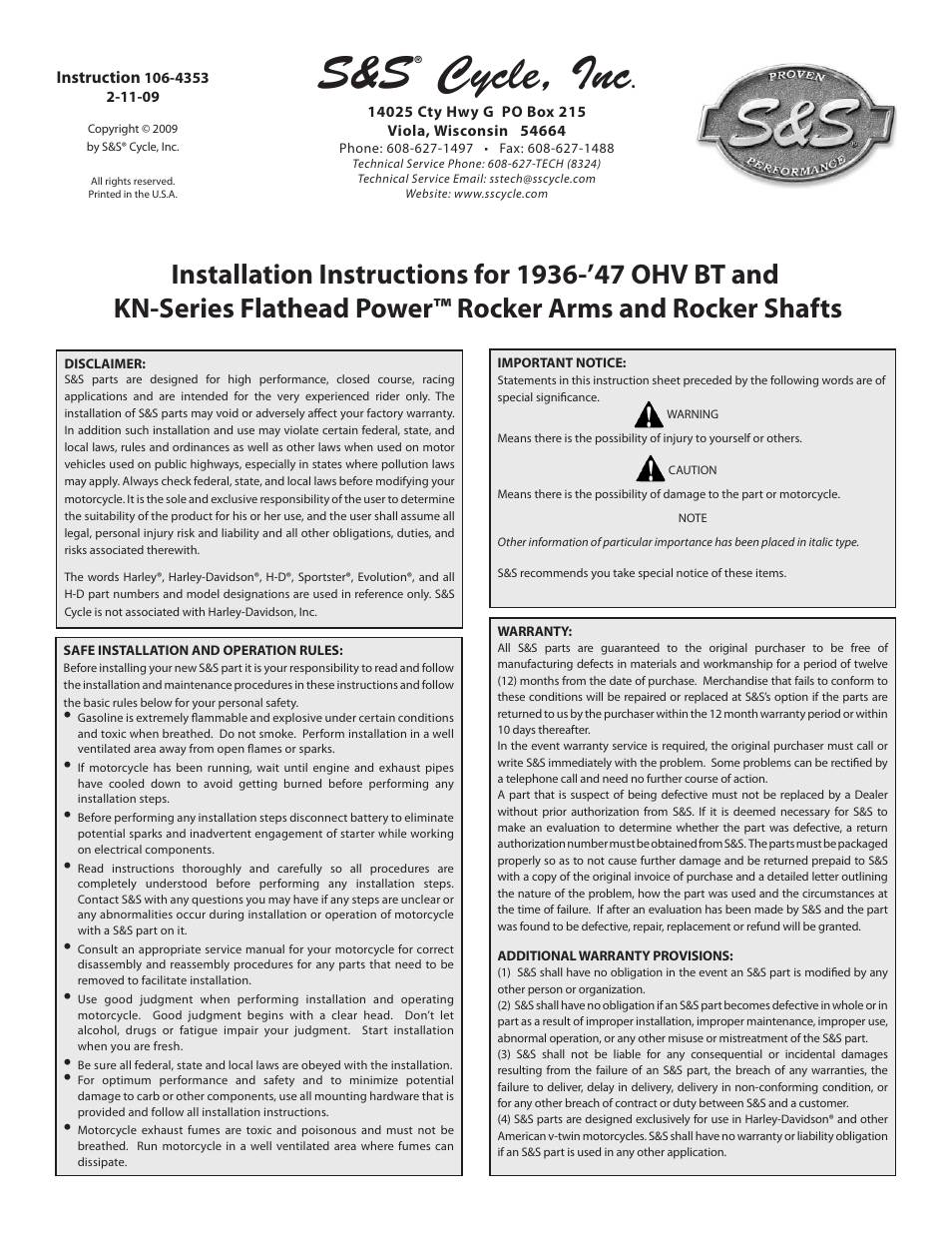 S&S Cycle OHV BT and KN-Series 1936-47 Flathead Power Rocker Arms and Rocker Shafts User Manual | 8 pages