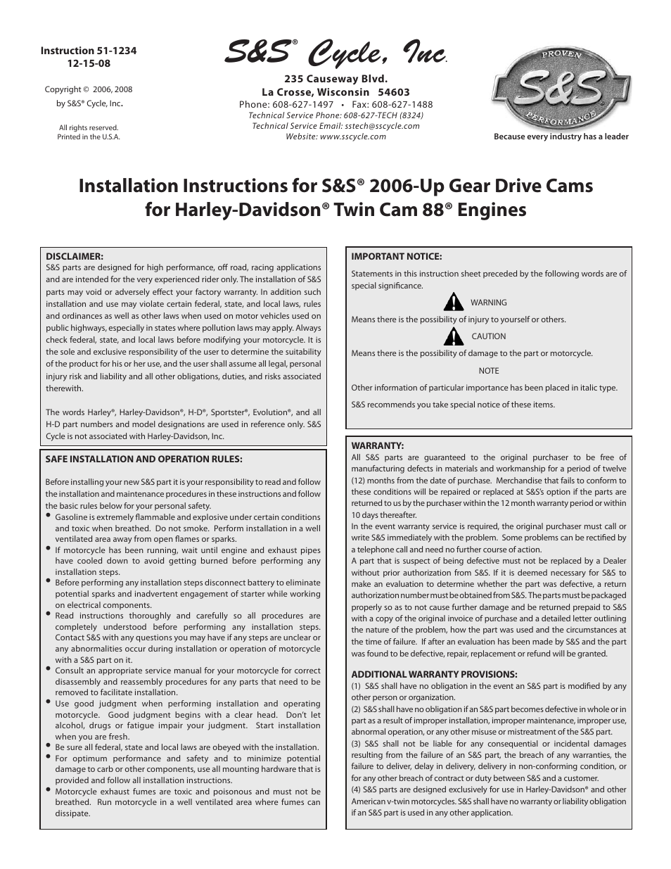 S&S Cycle 2006-Up Gear Drive Cams for Harley-Davidson Twin Cam 88 Engines User Manual | 12 pages