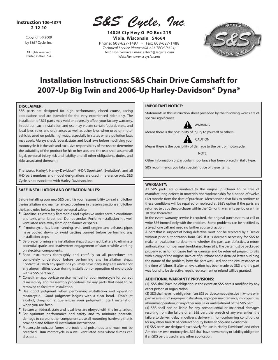 S&S Cycle Chain Drive Camshaft for 2007-Up Big Twin and 2006-Up Harley-Davidson Dyna User Manual | 7 pages