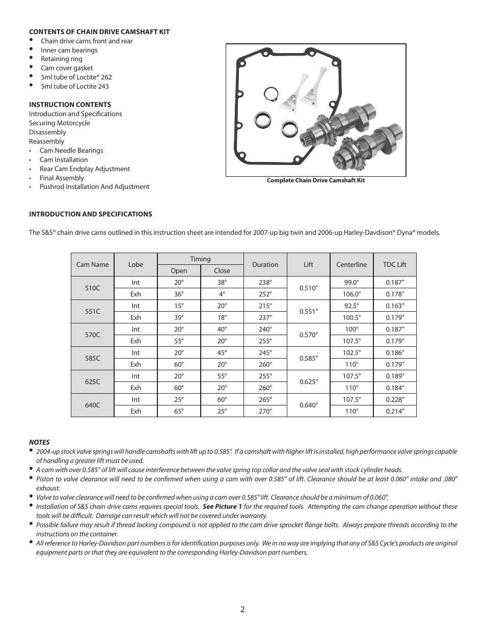 S&S Cycle Chain Drive Camshaft for 2007-Up Big Twin and 2006-Up Harley-Davidson Dyna User Manual | Page 2 / 7