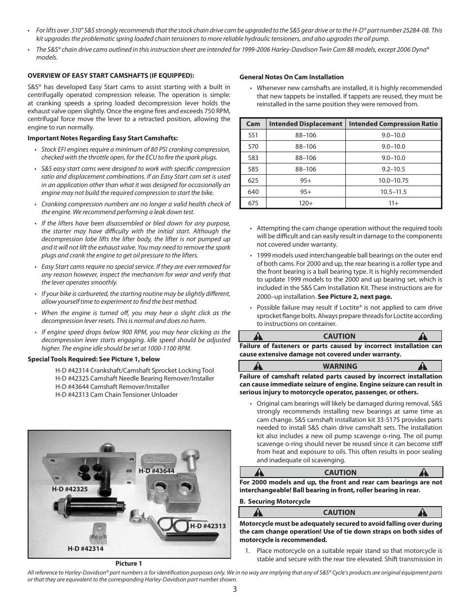 S&S Cycle Standard and Easy Start Chain Drive Camshafts for Harley-Davidson Twin Cam 88 Engines 1999–2006 Big Twin, except 2006 Dyna models User Manual | Page 3 / 8