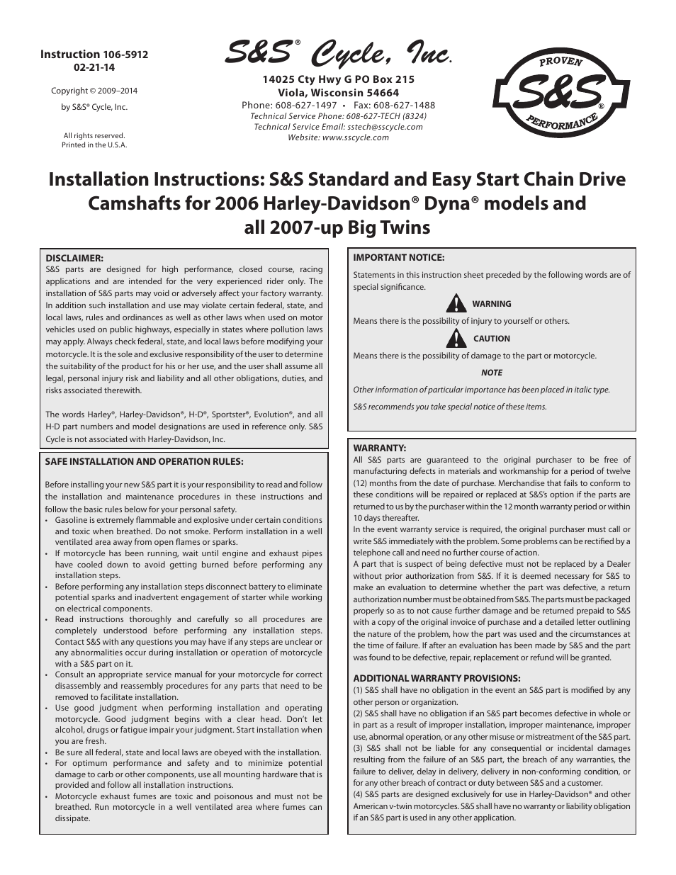 S&S Cycle Standard and Easy Start Chain Drive Camshafts for 2006 Harley-Davidson Dyna models and all 2007-up Big Twins User Manual | 8 pages