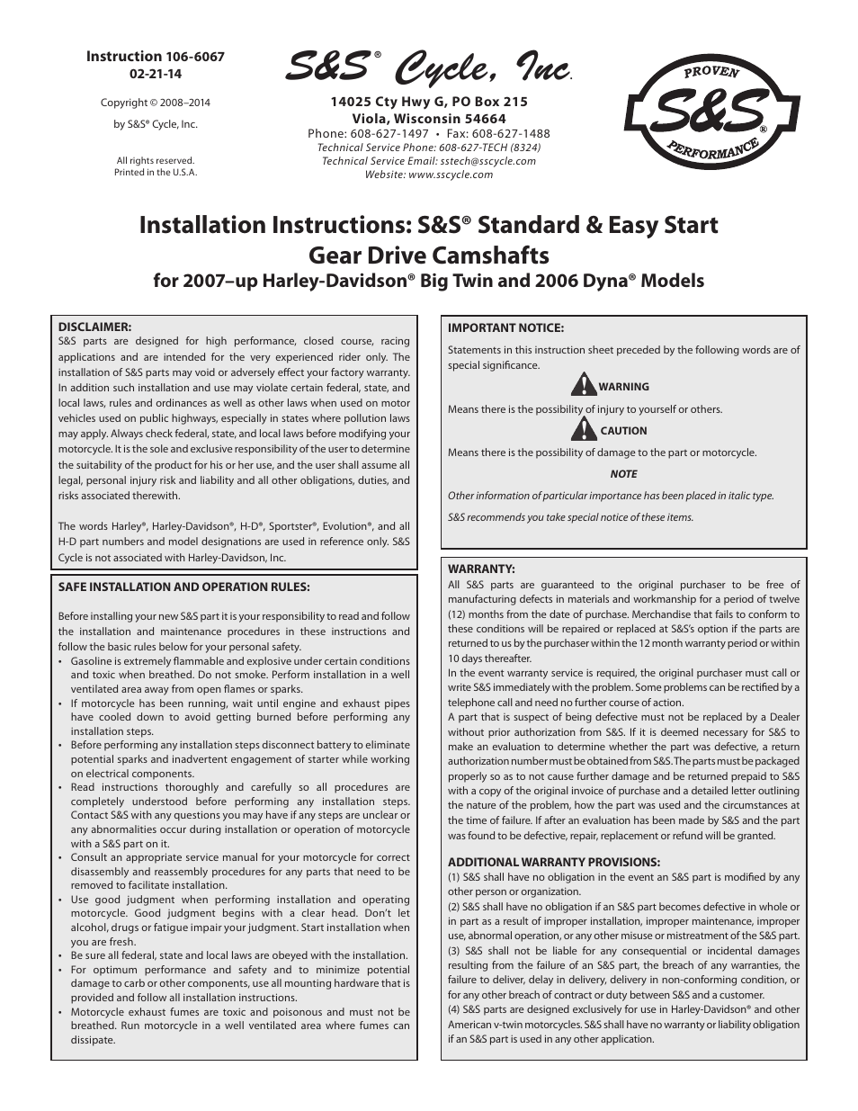 S&S Cycle Standard & Easy Start Gear Drive Camshafts for 2007–up Harley-Davidson Big Twin and 2006 Dyna Models User Manual | 8 pages