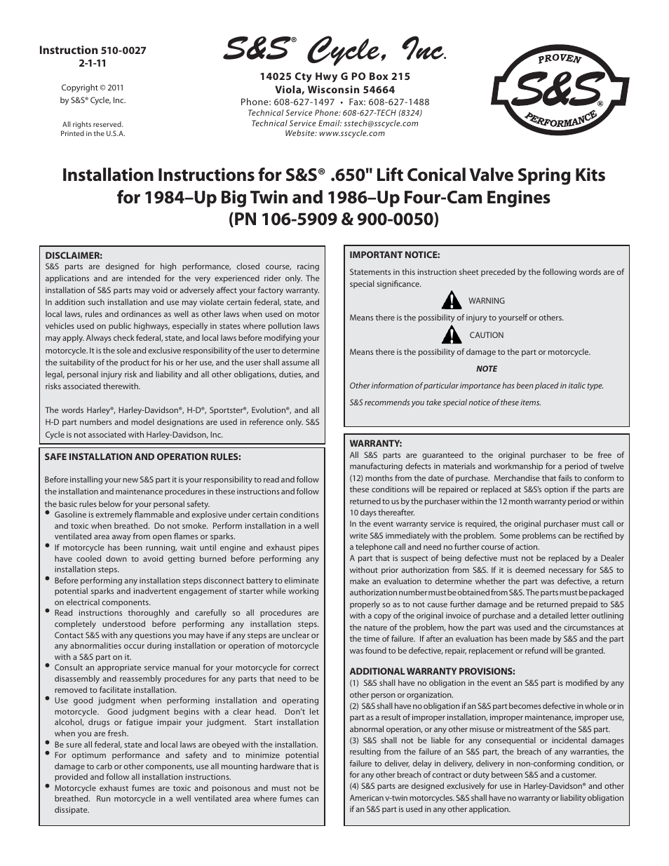 S&S Cycle 650 Lift Conical Valve Spring Kits for 1984–Up Big Twin and 1986–Up Four-Cam Engines (PN 106-5909 & 900-0050) User Manual | 4 pages