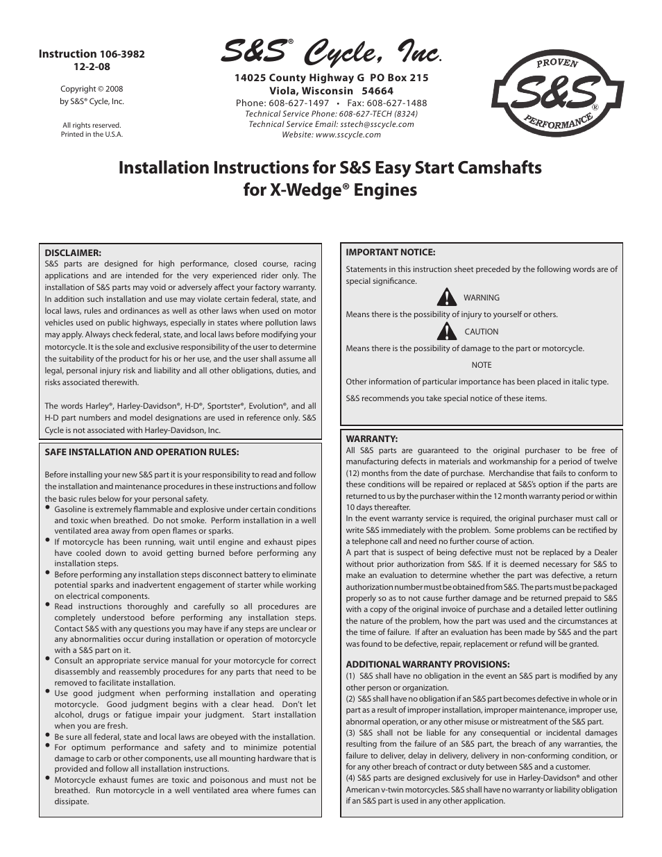 S&S Cycle Easy Start Camshafts for X-Wedge Engines User Manual | 12 pages