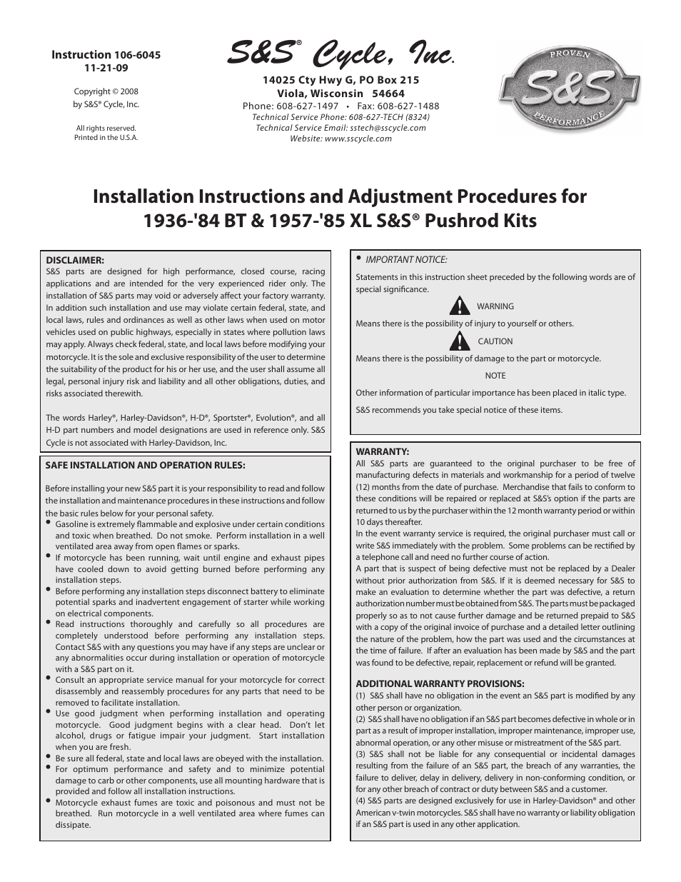 S&S Cycle Pushrod Kits 1936-84 BT & 1957-85 XL User Manual | 5 pages