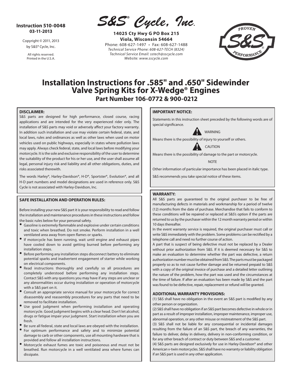 S&S Cycle 650 Sidewinder Valve Spring Kits for X-Wedge Engines User Manual | 3 pages