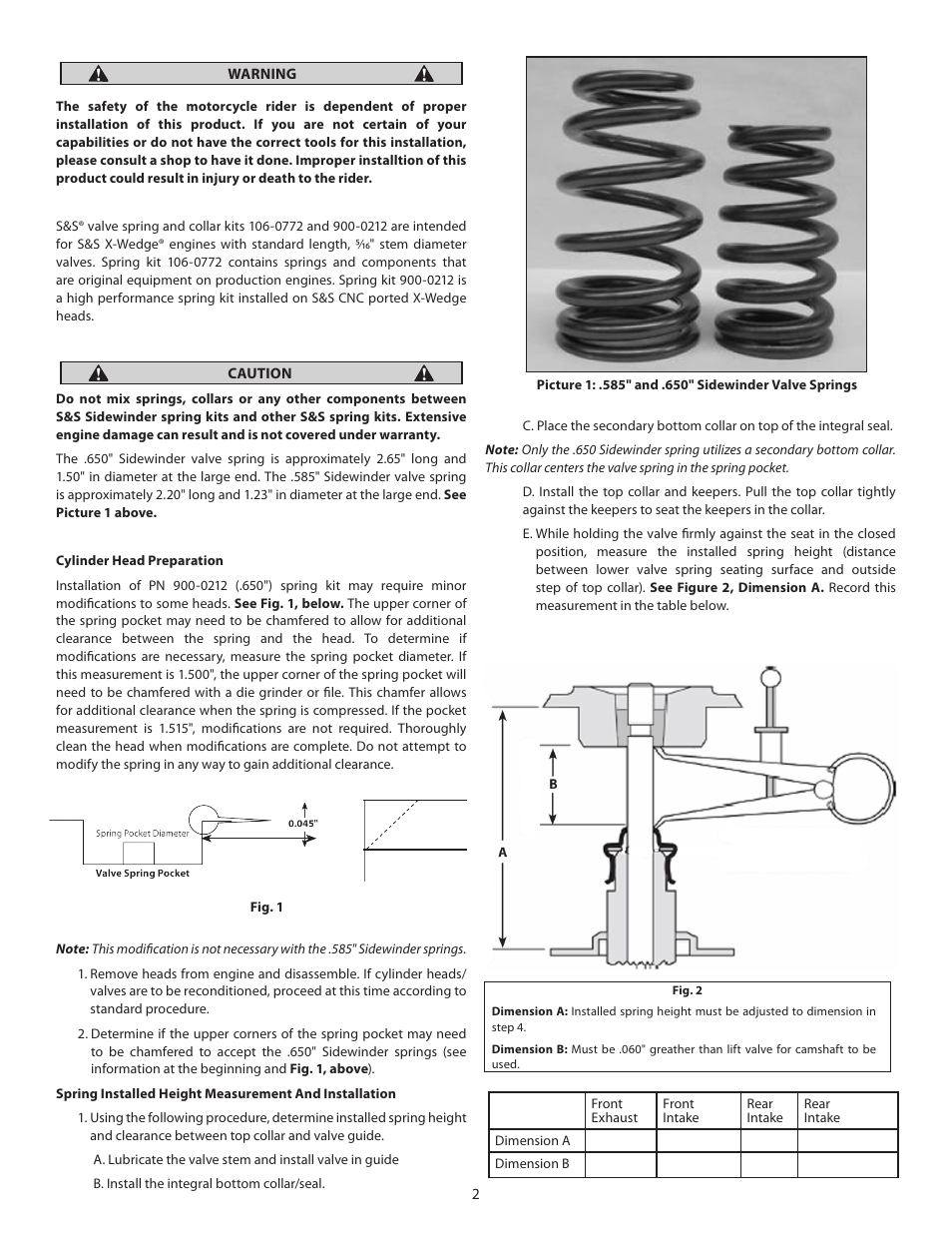 S&S Cycle 650 Sidewinder Valve Spring Kits for X-Wedge Engines User Manual | Page 2 / 3