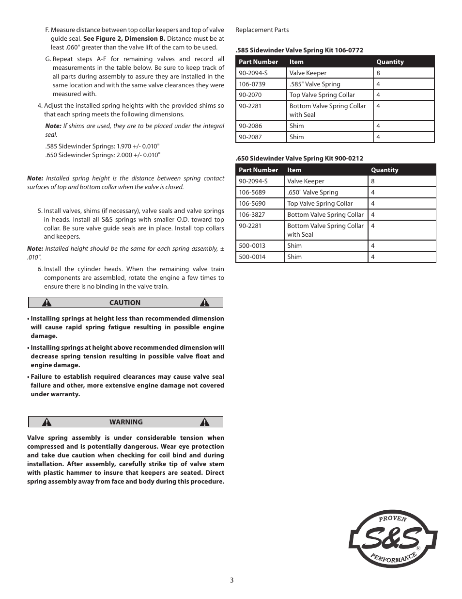S&S Cycle 650 Sidewinder Valve Spring Kits for X-Wedge Engines User Manual | Page 3 / 3
