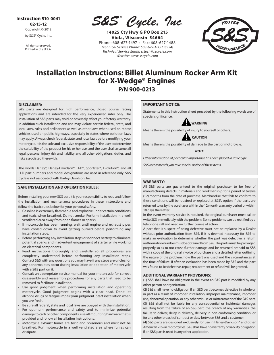 S&S Cycle Billet Aluminum Rocker Arm Kit for X-Wedge Engines User Manual | 6 pages