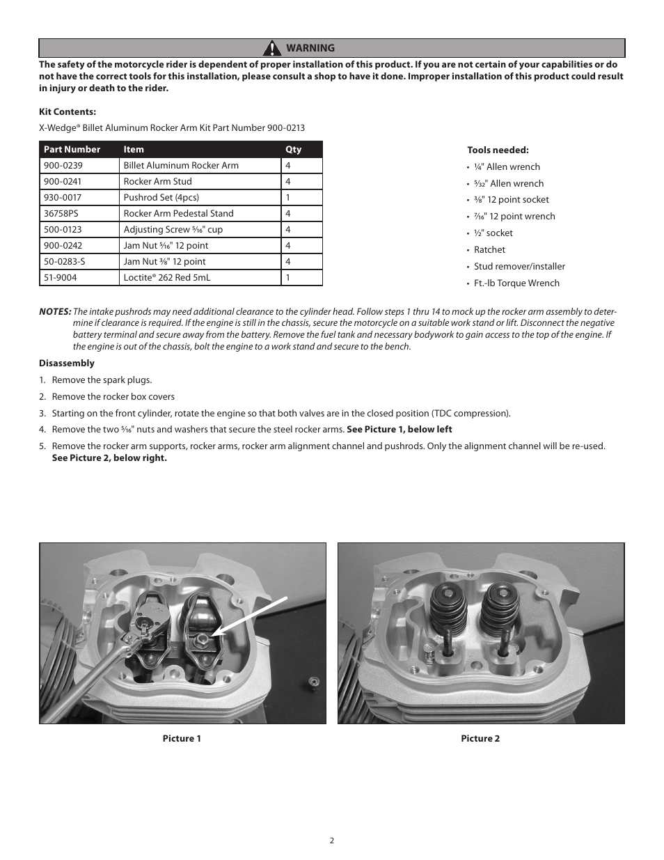 S&S Cycle Billet Aluminum Rocker Arm Kit for X-Wedge Engines User Manual | Page 2 / 6