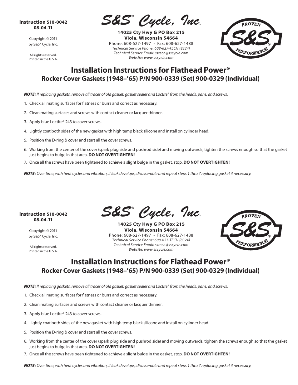 S&S Cycle Flathead Power Rocker Cover Gaskets (1948–65) P/N 900-0339 (Set) 900-0329 (Individual) User Manual | 1 page