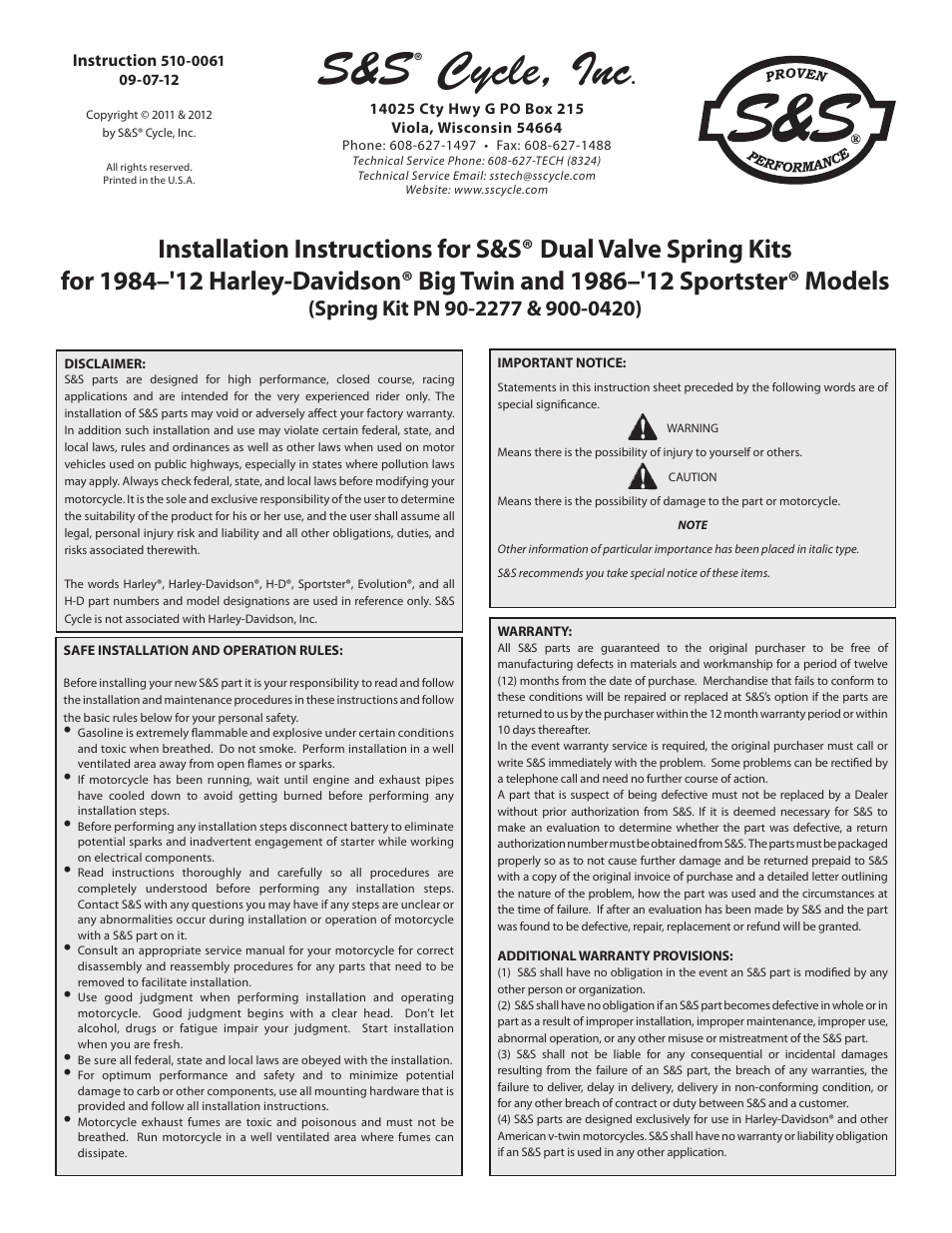 S&S Cycle Dual Valve Spring Kits for 1984–12 Harley-Davidson Big Twin and 1986–12 Sportster Models User Manual | 4 pages