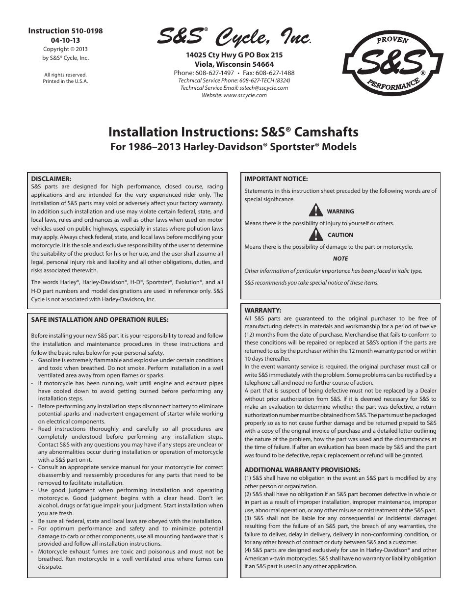 S&S Cycle Camshafts For 1986–2013 Harley-Davidson Sportster Models User Manual | 4 pages