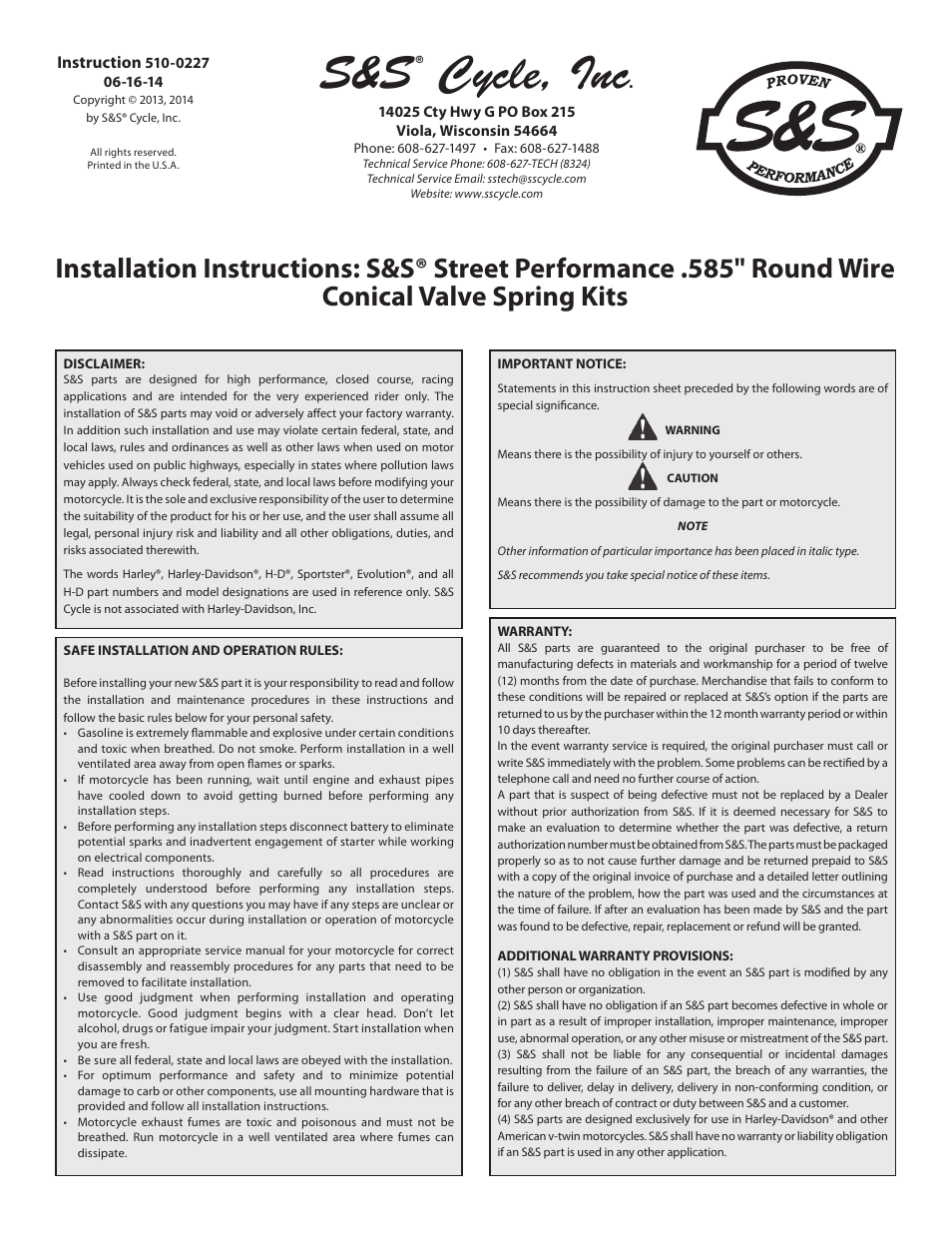 S&S Cycle Street Performance 585 Round Wire Conical Valve Spring Kits User Manual | 3 pages