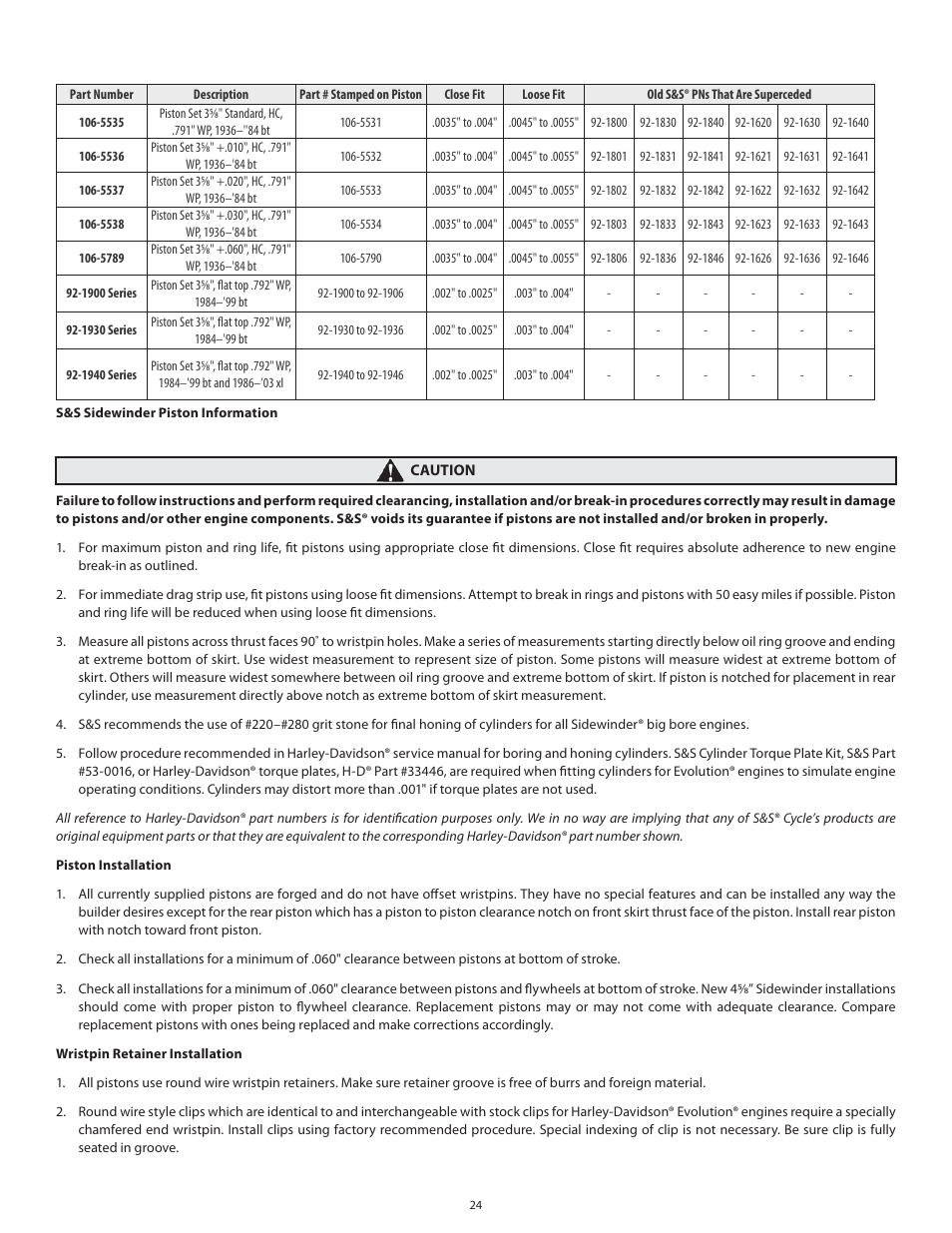 S&S Cycle Sidewinder 3 5/8 Big Bore Cylinders for 1936–1999 Big Twins User Manual | Page 24 / 28