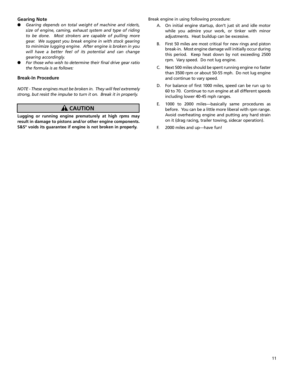 Caution | S&S Cycle Bore Stroker Kit 3 3/16 for Harley-Davidson Sportster Models User Manual | Page 11 / 12