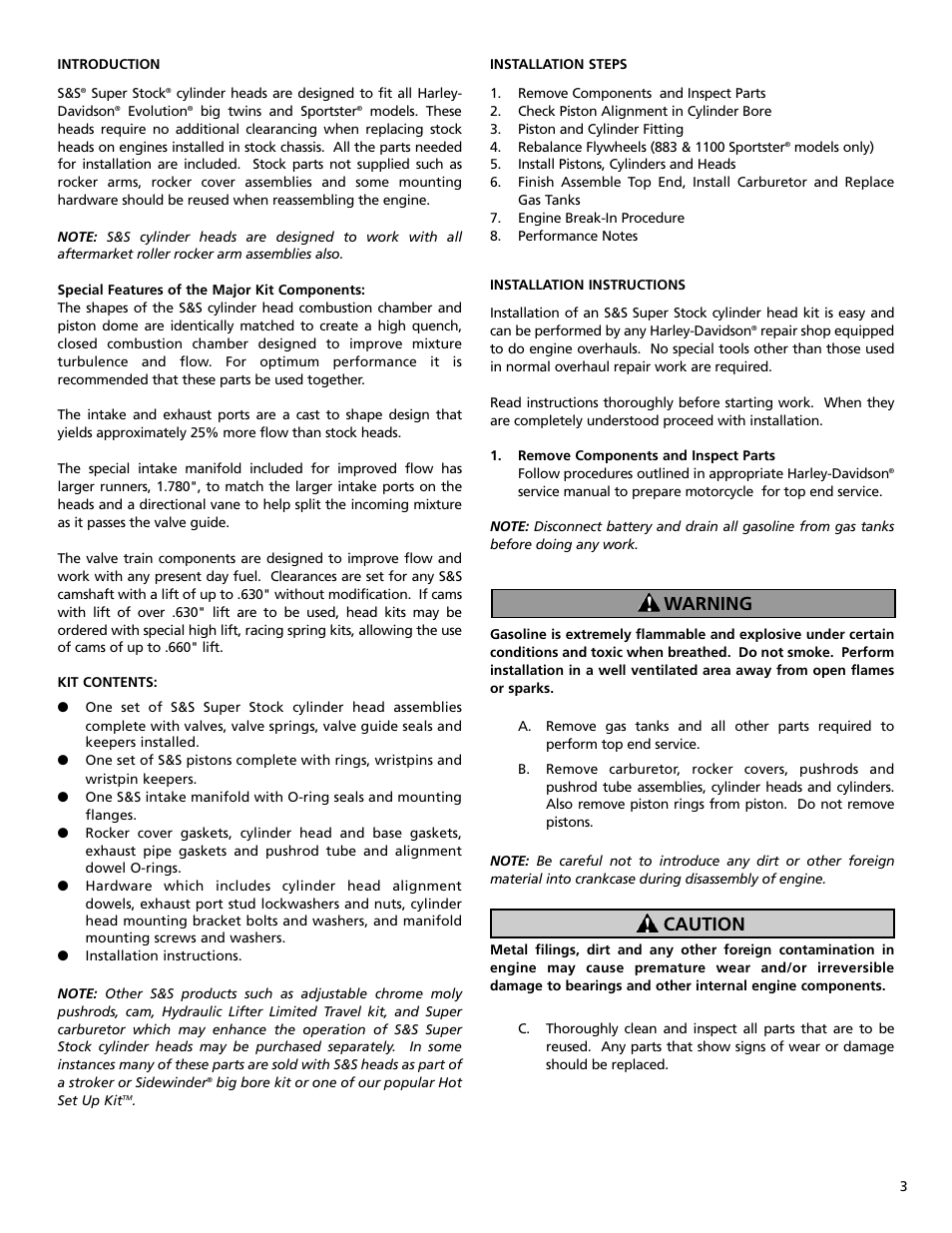 Warning caution | S&S Cycle Replacement Cylinder Heads for 1984-1999 Harley-Davidson Evolution Engines and 1986-2003 Sportster Motorcycles User Manual | Page 3 / 12