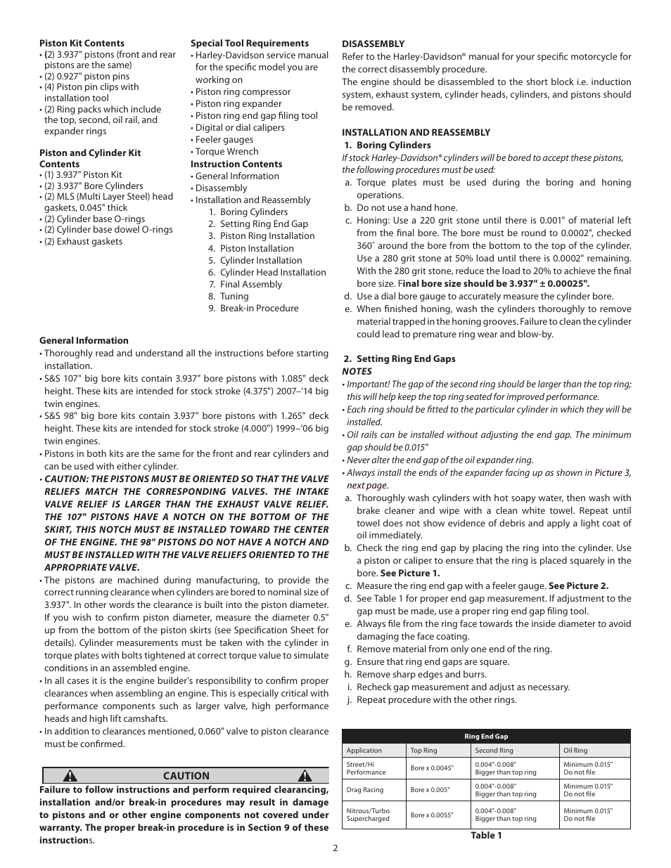 S&S Cycle Piston and Big Bore Kits 98 and 107 for 1999-06 and 2007-14 Big Twins User Manual | Page 2 / 5