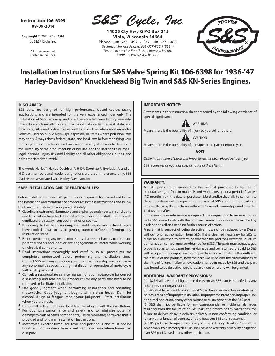 S&S Cycle Valve Spring Kit 106-6398 for 1936-47 Harley-Davidson Knucklehead Big Twin and S&S KN-Series Engines User Manual | 3 pages