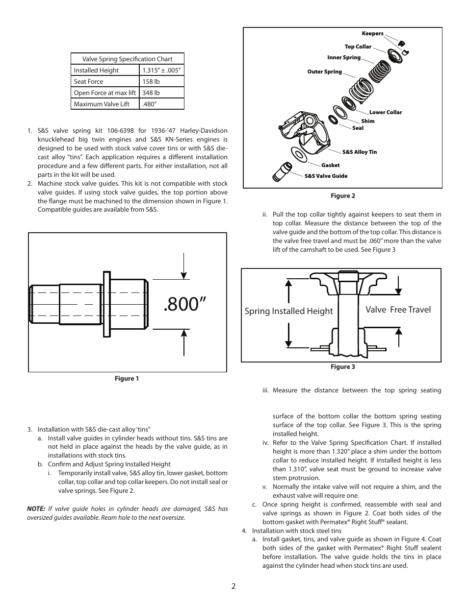 Spring installed height valve free travel | S&S Cycle Valve Spring Kit 106-6398 for 1936-47 Harley-Davidson Knucklehead Big Twin and S&S KN-Series Engines User Manual | Page 2 / 3