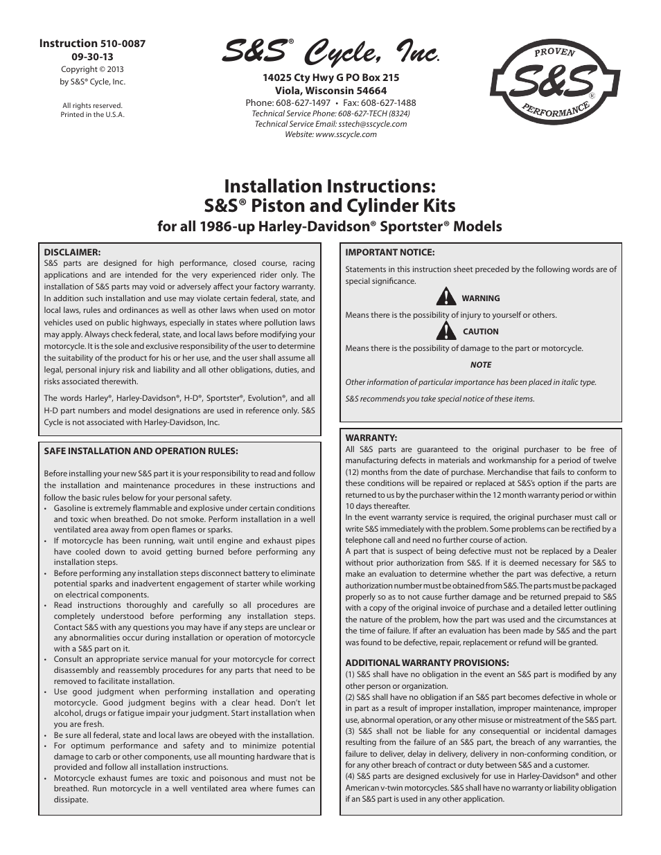 S&S Cycle Piston and Cylinder Kits for all 1986-up Harley-Davidson Sportster Models User Manual | 4 pages