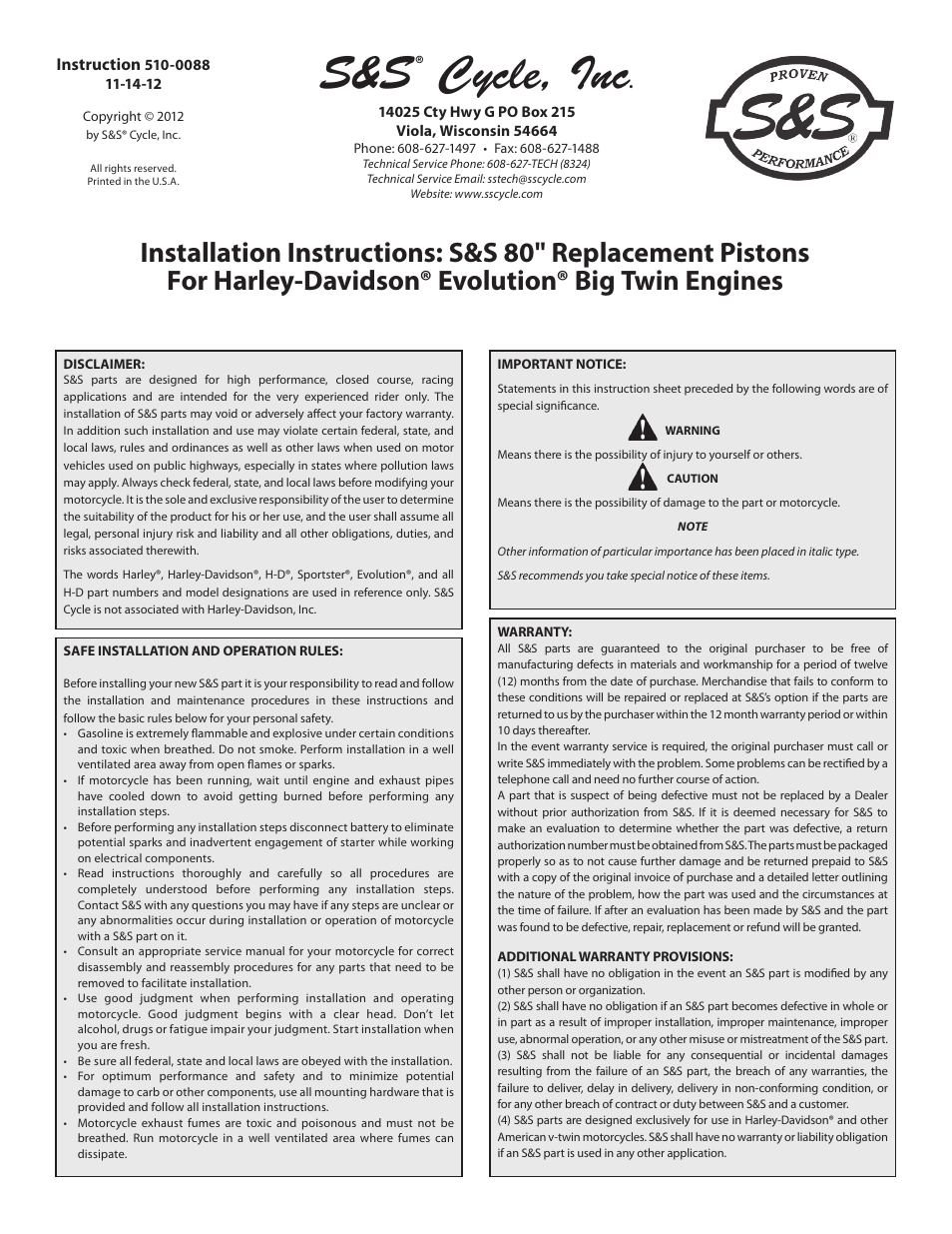 S&S Cycle Replacement Pistons 80 For Harley-Davidson Evolution Big Twin Engines User Manual | 3 pages