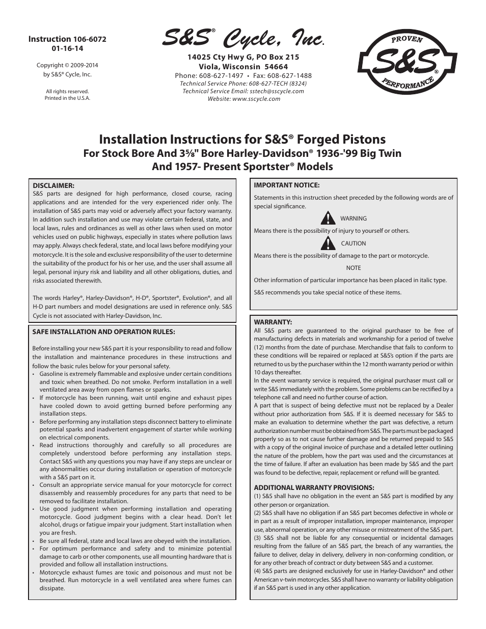 S&S Cycle Forged Pistons For Stock Bore And 35/8 Bore Harley-Davidson 1936-99 Big Twin And 1957- Present Sportster Models User Manual | 5 pages