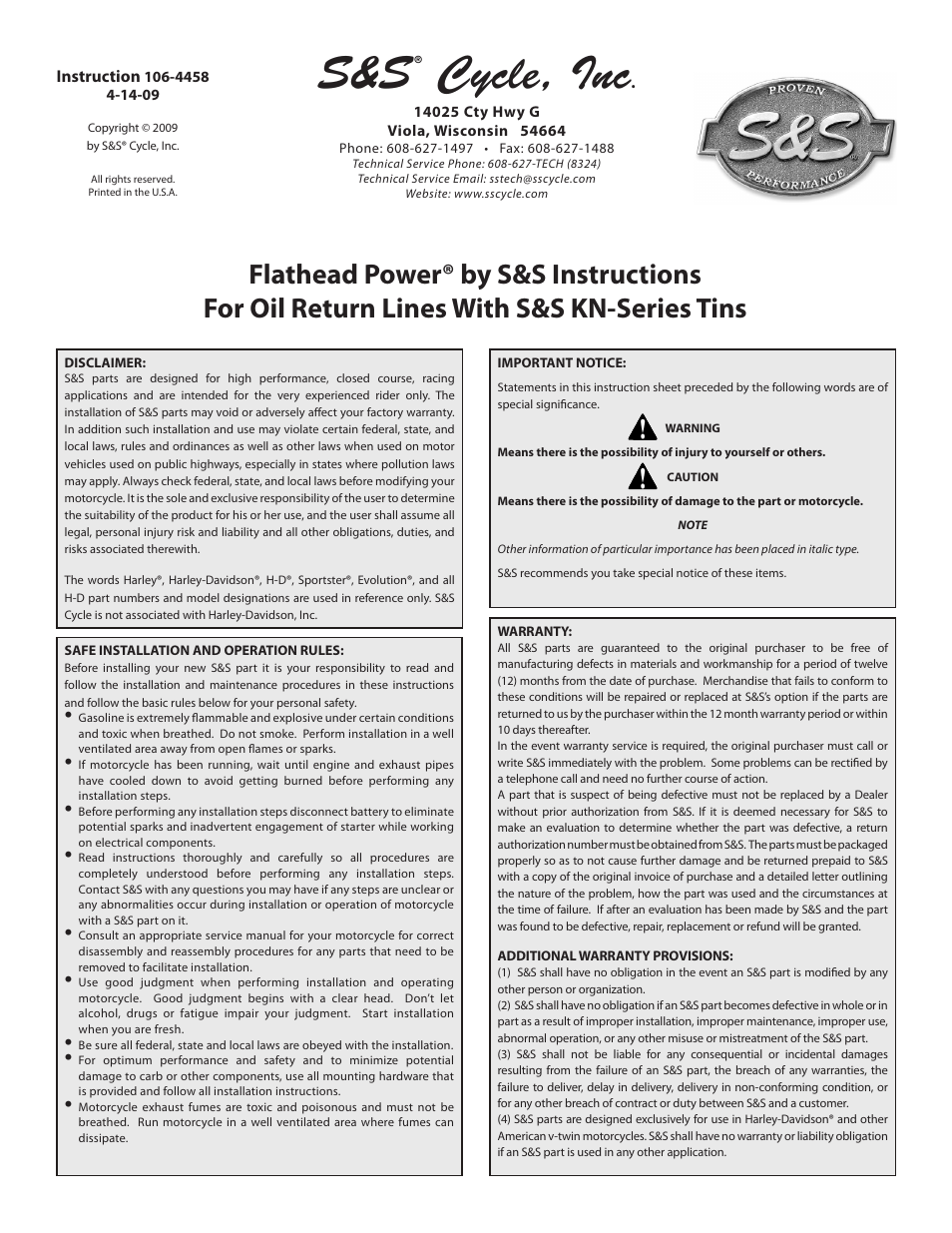 S&S Cycle Flathead Power For Oil Return Lines With S&S KN-Series Tins User Manual | 3 pages