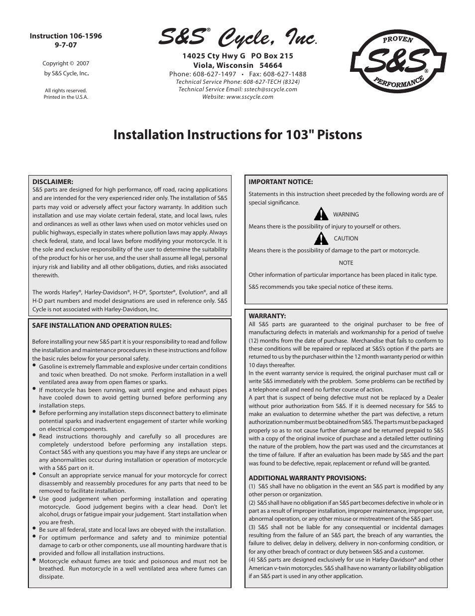 S&S Cycle Pistons 103 User Manual | 2 pages
