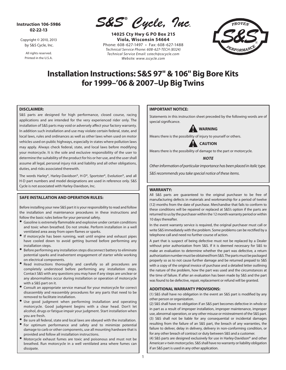 S&S Cycle Big Bore Kits 97 & 106 for 1999–06 & 2007–Up Big Twins User Manual | 5 pages