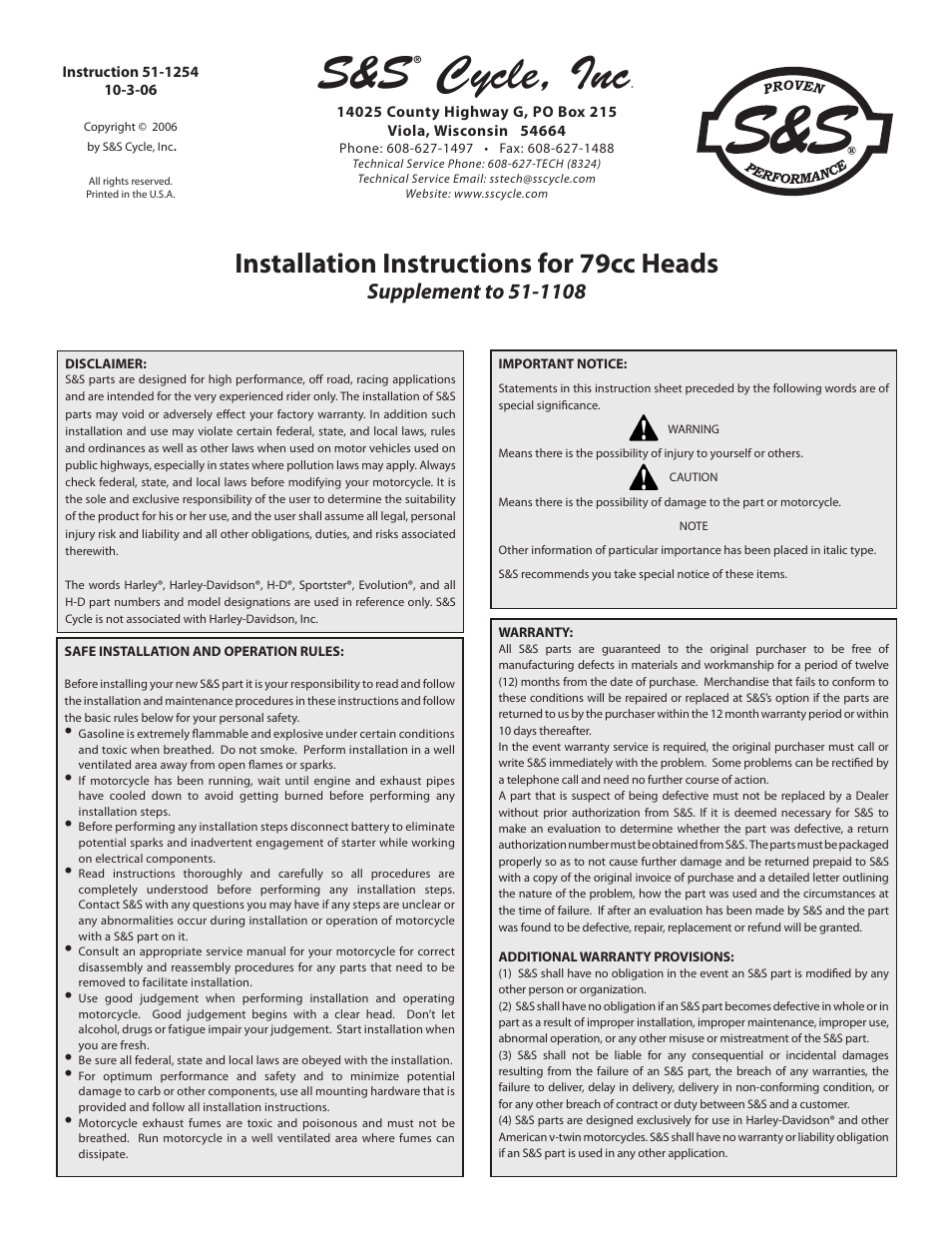 S&S Cycle 79cc Heads Supplement User Manual | 2 pages