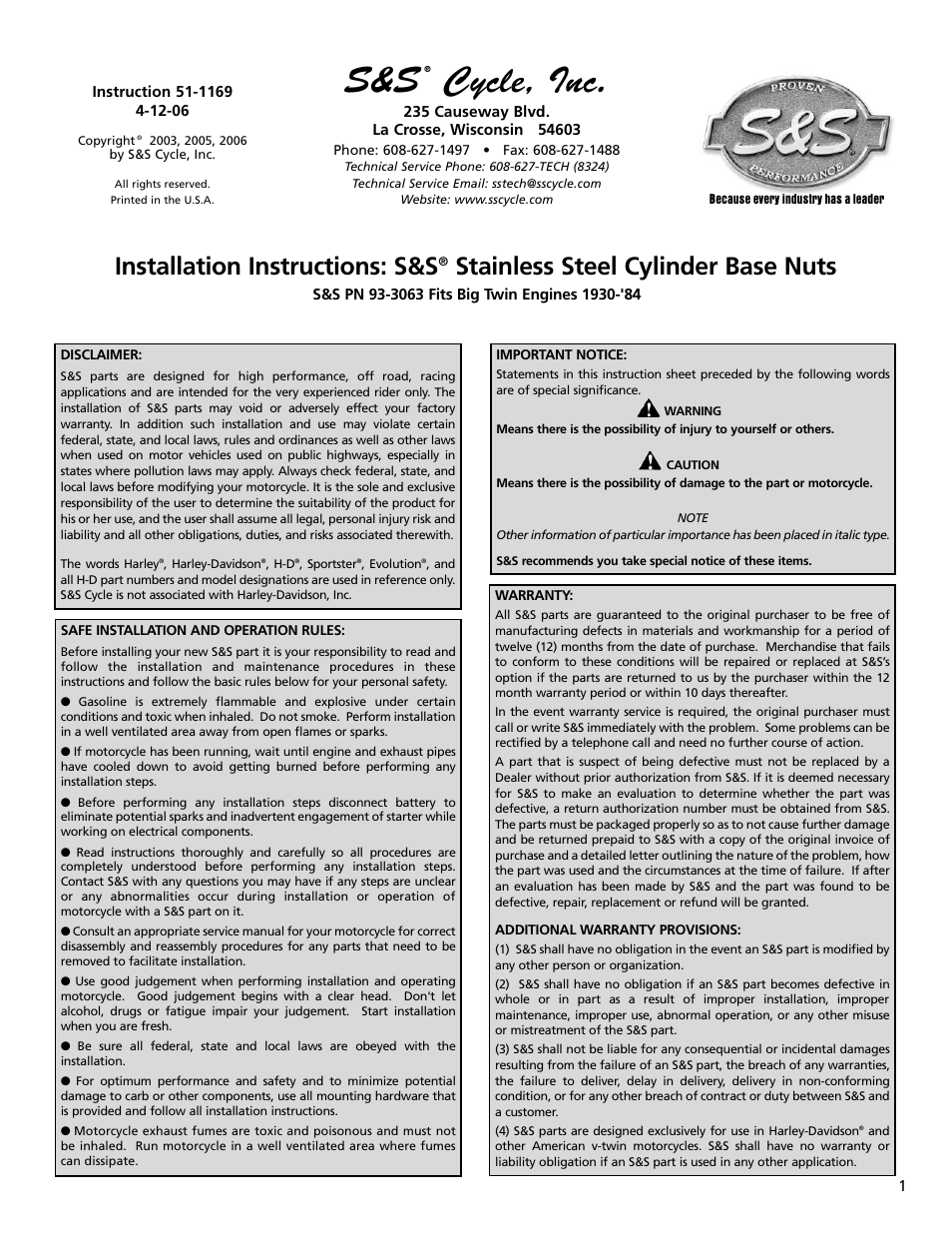 S&S Cycle Stainless Steel Cylinder Base Nuts S&S PN 93-3063 Fits Big Twin Engines 1930-84 User Manual | 2 pages