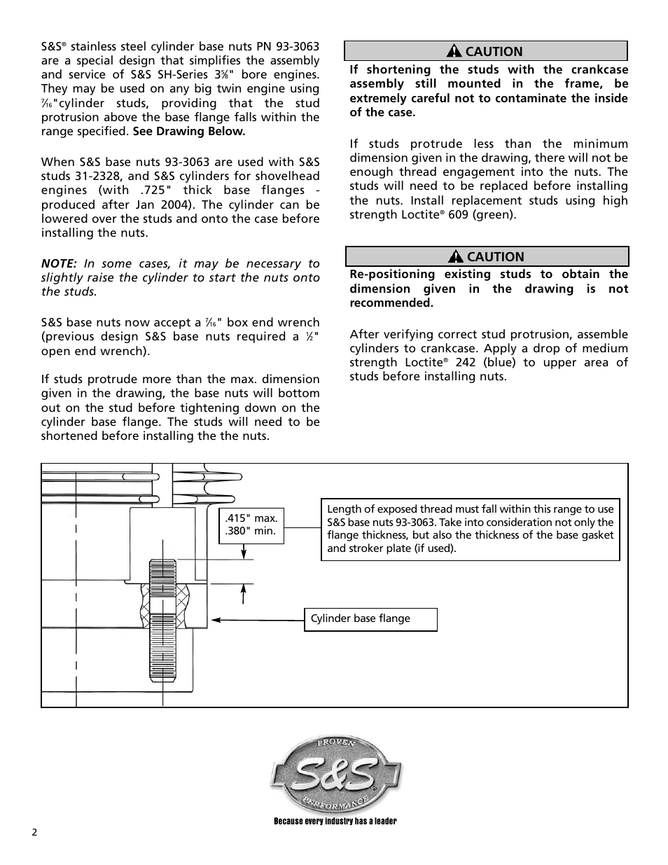 Caution | S&S Cycle Stainless Steel Cylinder Base Nuts S&S PN 93-3063 Fits Big Twin Engines 1930-84 User Manual | Page 2 / 2