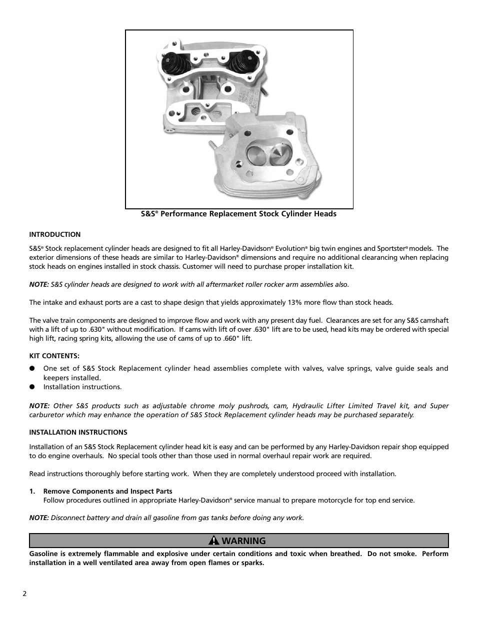 Warning | S&S Cycle Performance Replacement Cylinder Head Kit for 1984-99 Big Twin Engines and Harley-Davidson Sportster Models User Manual | Page 2 / 8