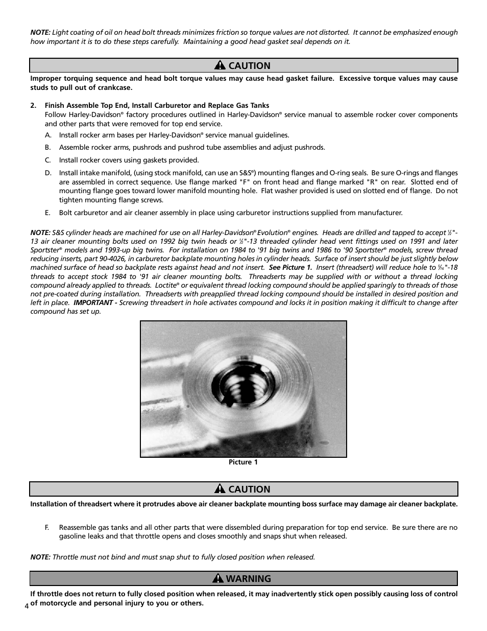 Caution, Caution warning | S&S Cycle Performance Replacement Cylinder Head Kit for 1984-99 Big Twin Engines and Harley-Davidson Sportster Models User Manual | Page 4 / 8