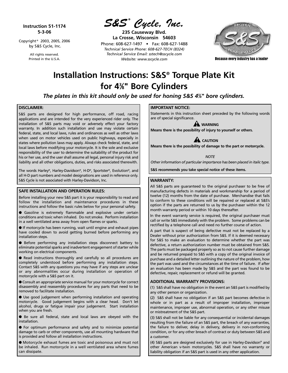 S&S Cycle Torque Plate Kit for 4 3/8 Bore Cylinders User Manual | 4 pages