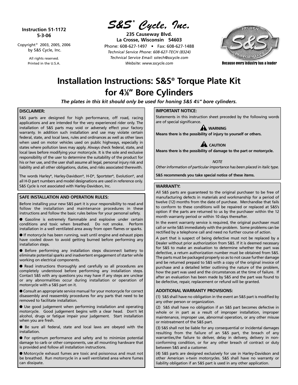 S&S Cycle Torque Plate Kit for 4 1/8 Bore Cylinders User Manual | 4 pages