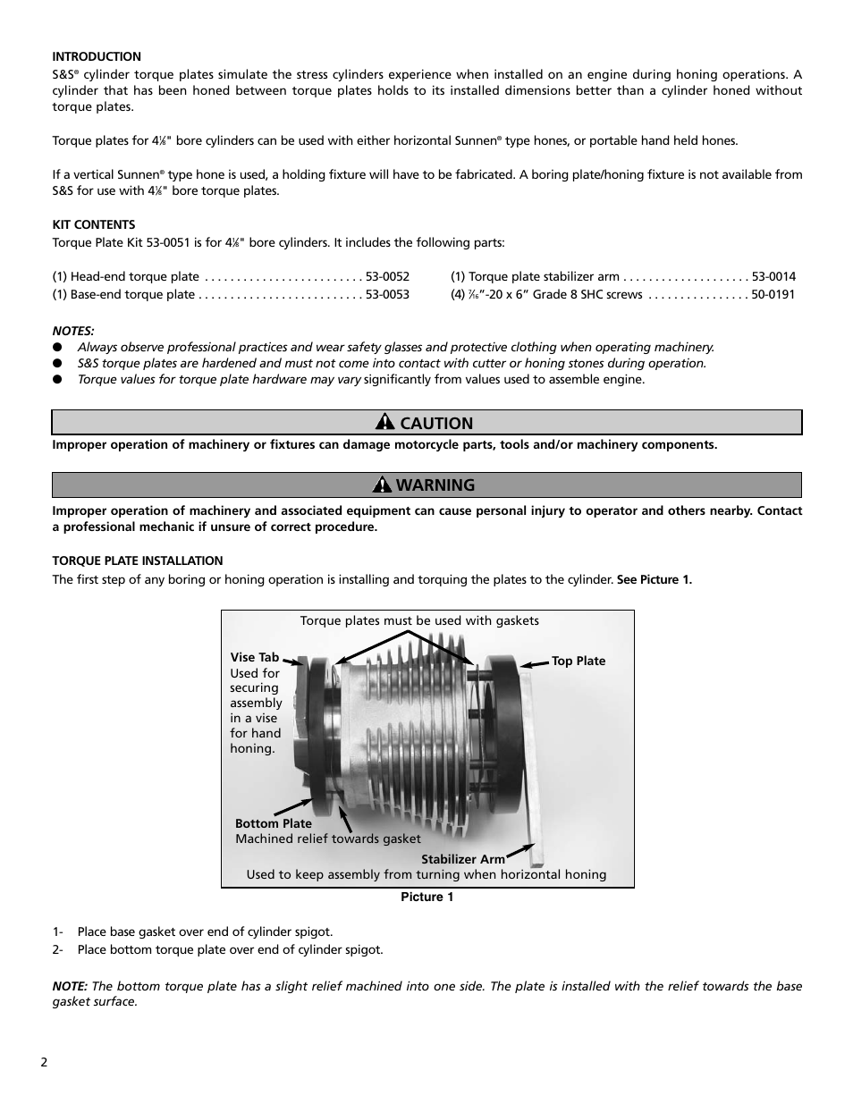 Warning caution | S&S Cycle Torque Plate Kit for 4 1/8 Bore Cylinders User Manual | Page 2 / 4